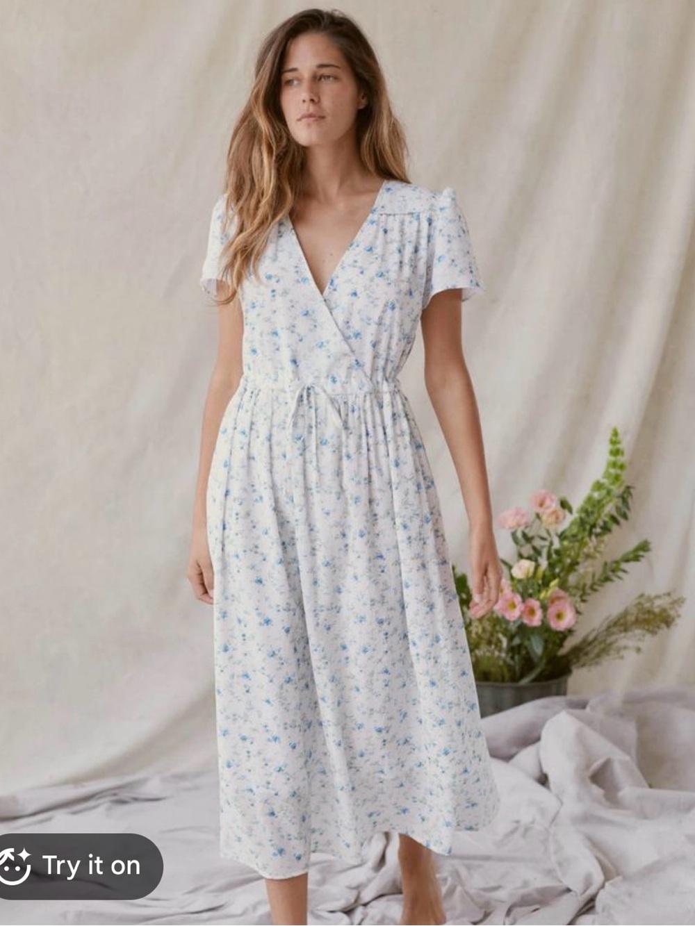 Christy Dawn White Midi Dress with Blue Floral Print